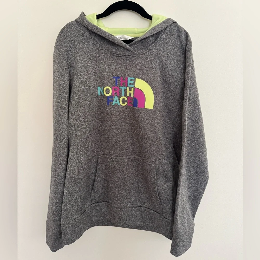 North Face Women’s Gray Neon Colorful Logo Pullover Hoodie Size Large - Picture 1 of 5